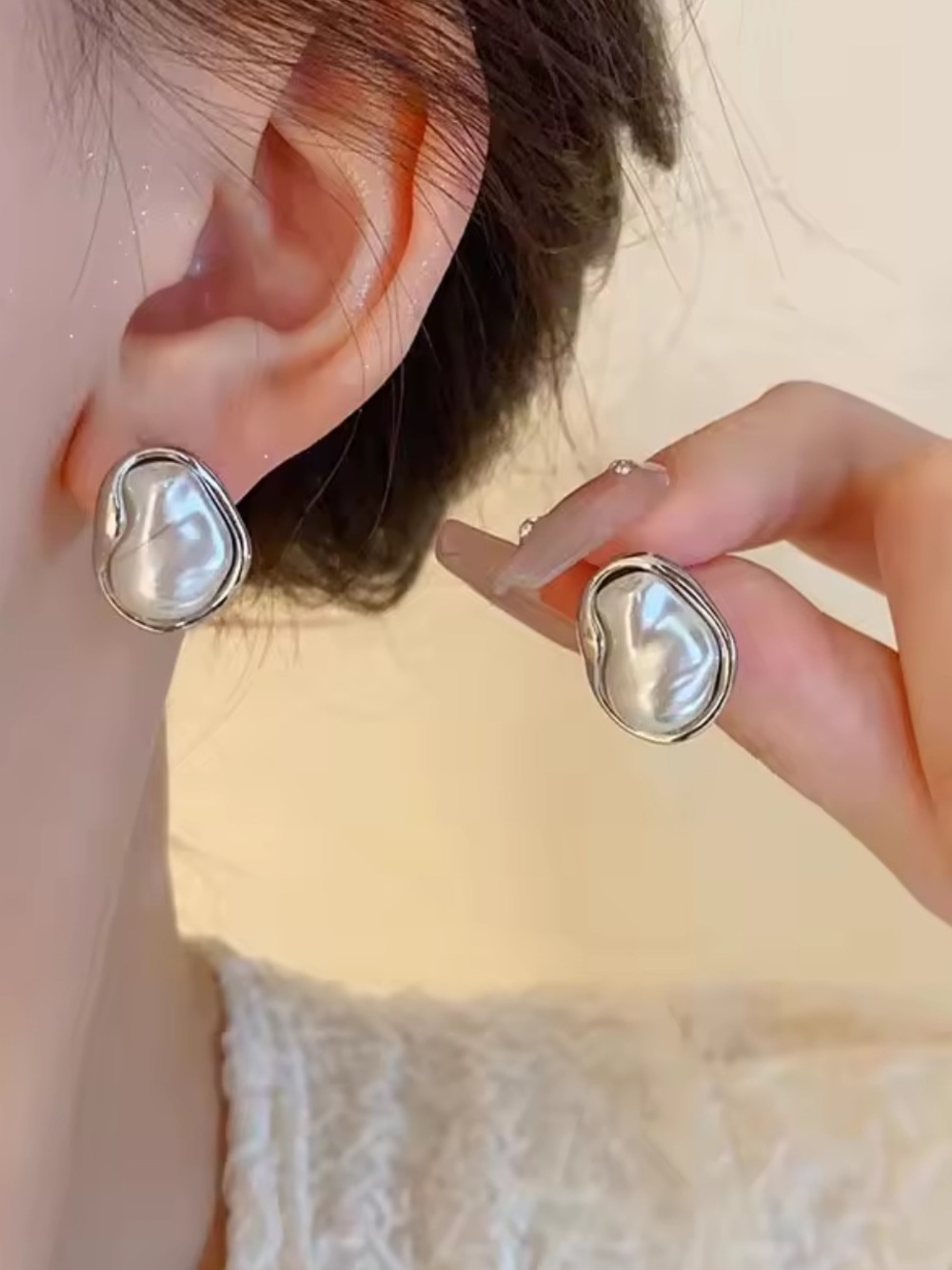 Silver-Tone Irregular Pearl Studs
